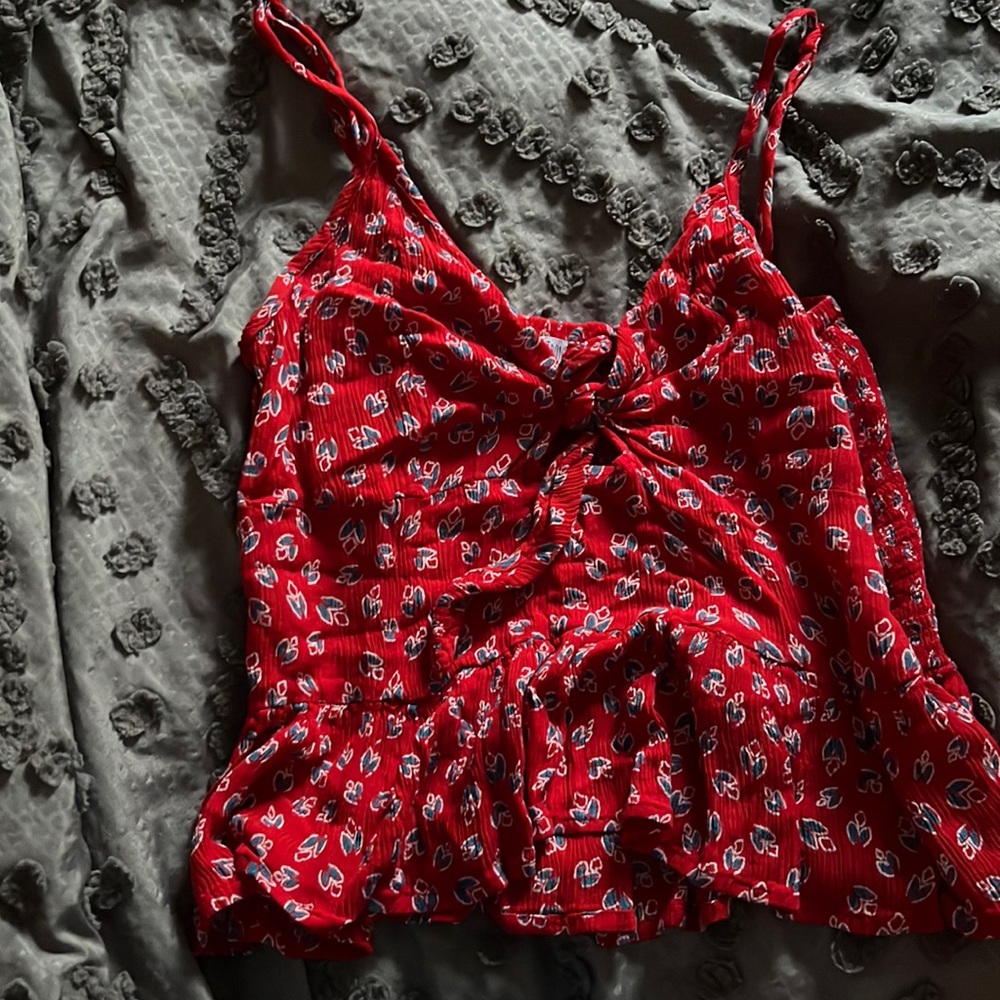 Red top with blue and white floral